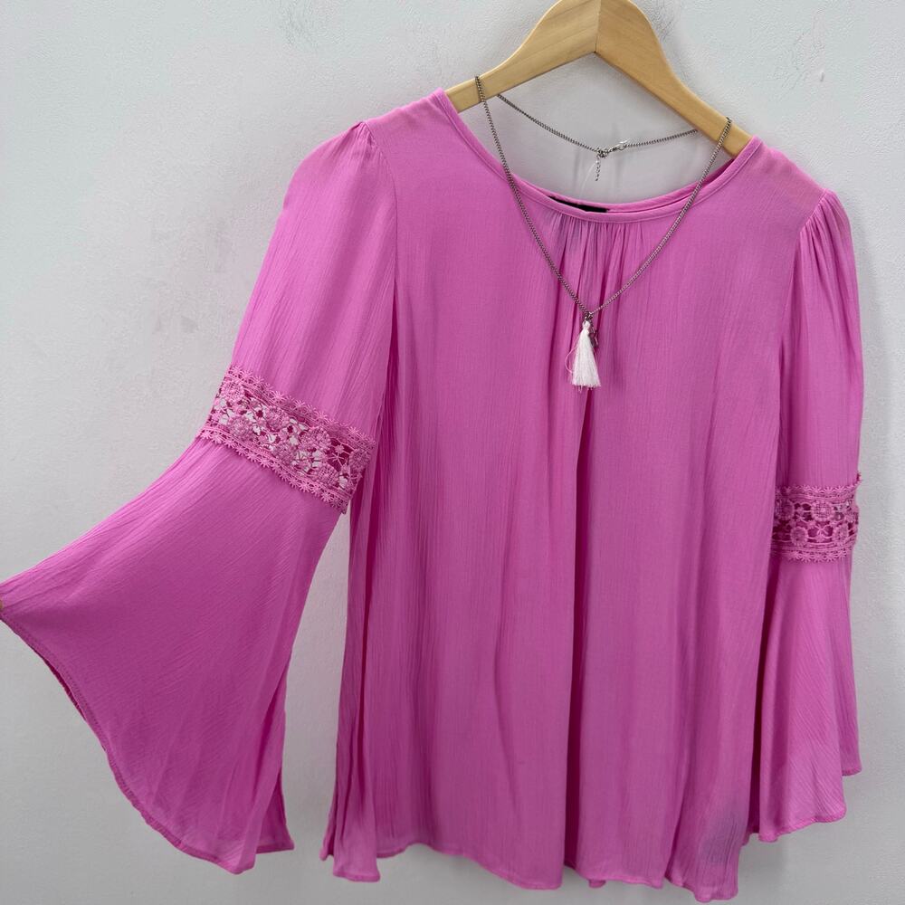 NEW iZ Byer Girl XL Boho Blouse Top Bell Sleeve Pink Barbiecore Resort Beach